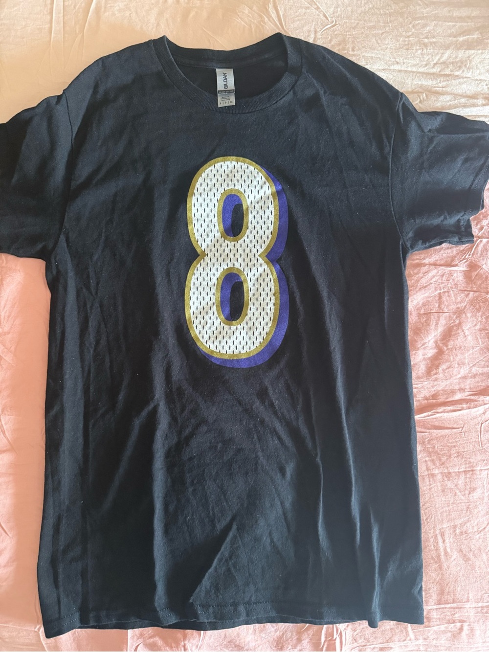 Gildan Black Short Sleeve Tee with White Mesh '8' and Gold & Purple Trim